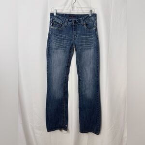 Baker Street Mid Rise Stretchy Boot Cut Jeans With Distressed Heels Size 9